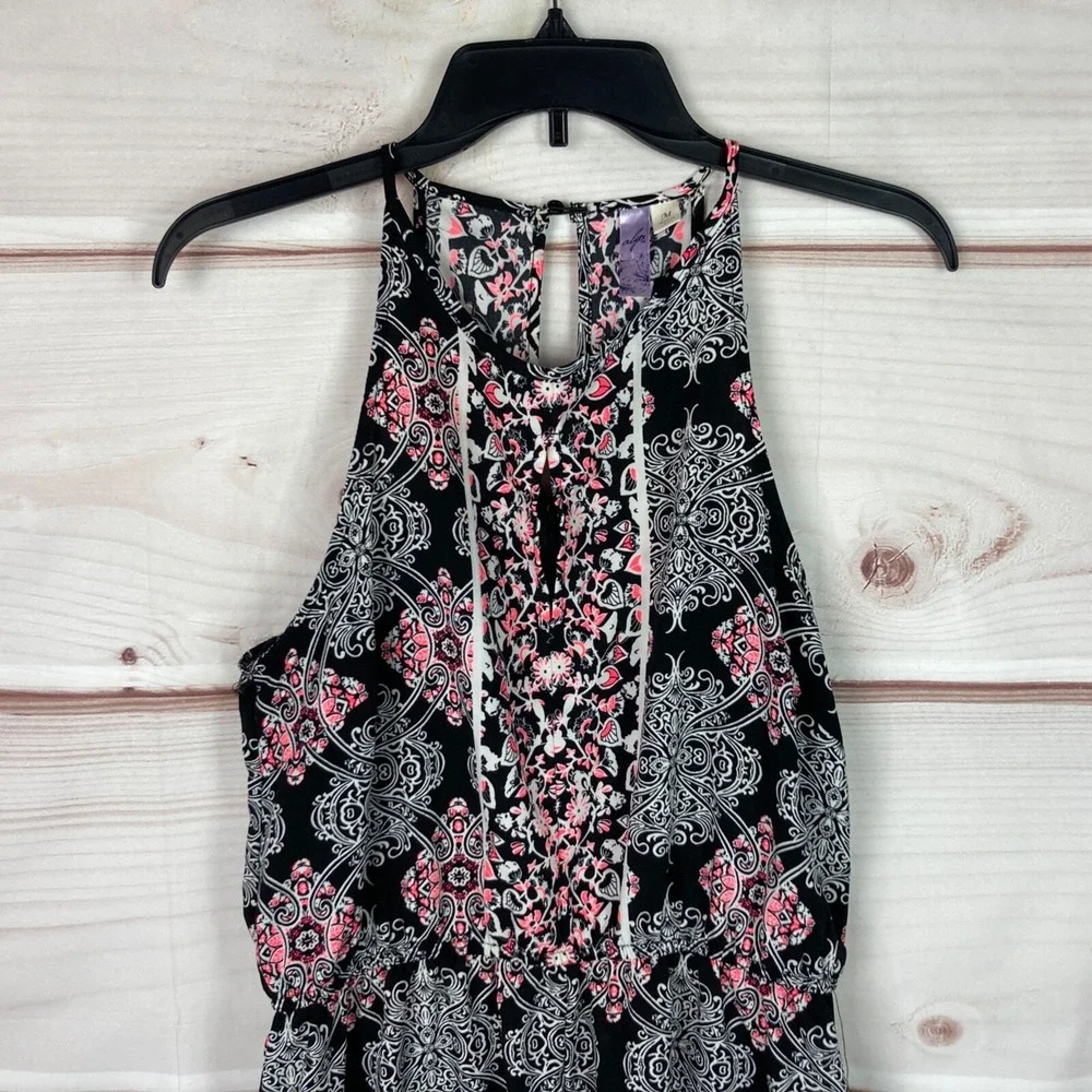 Alya‎ Romper Womens M Black Paisley Keyhole Neck Elastic Waist Sleeveless Halter
